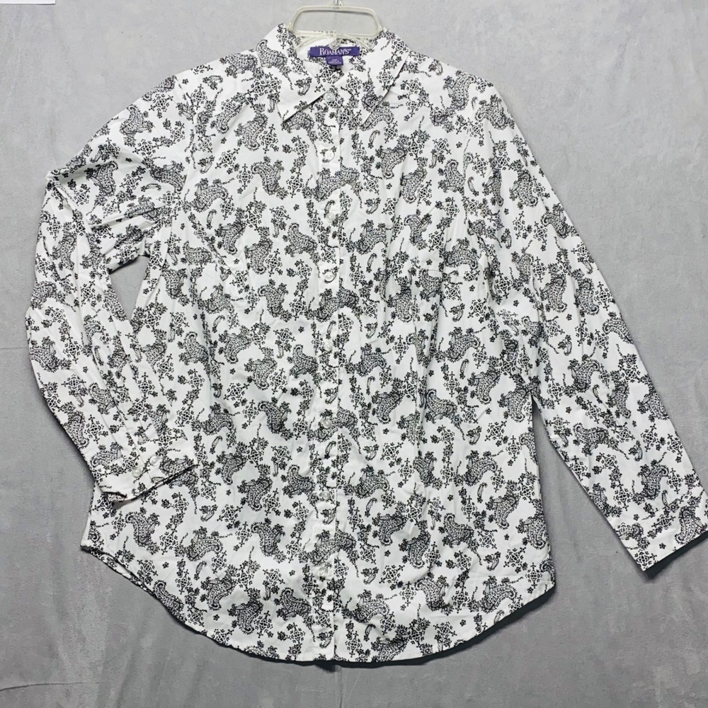 Roamans 12W Black White Paisley Print‎ Button Down Long Sleeve Shirt Top Plus Sz